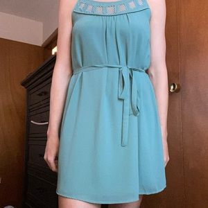 Teal blue green dress with tie around middle